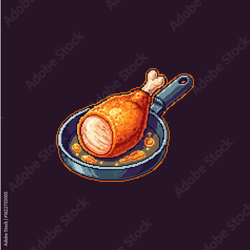 Pixelated Chicken fry on a pan icon logo flat vector design