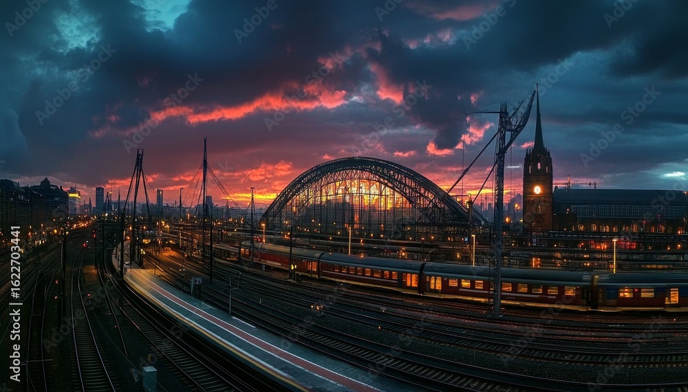Fototapeta premium Vibrant City Railway Hub with Trains at Sunset, Captivating Night Skyline for Travel Promotion