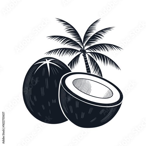 Coconut with palm tree isolated on white background