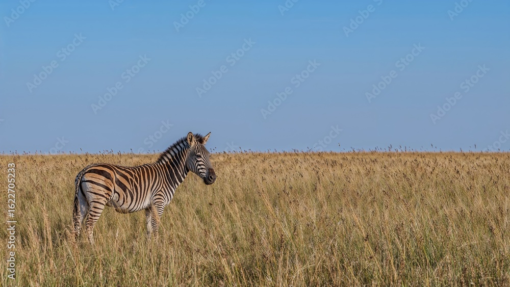 Fototapeta premium Expansive tall grassland at dusk with a solitary Grant's Zebra under a clear blue sky. Open space for text. Adventure and wildlife exploration.