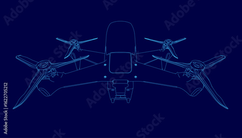 Blue drone with four propellers displayed in a blueprint-style illustration on a blue background. The contour design highlights intricate details of the propellers and body. Perfect for tech.