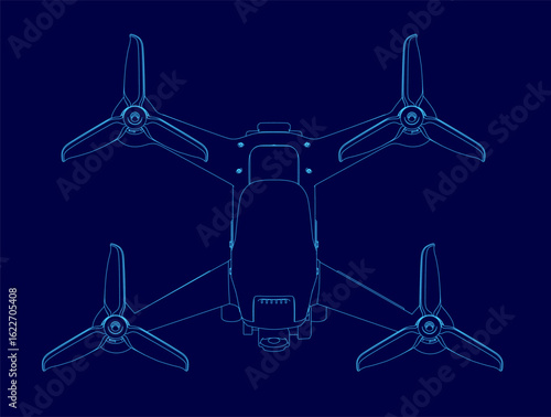 Blueprint of a drone with four propellers and sleek aerodynamic design. The front-mounted camera and rear remote control are clearly outlined.