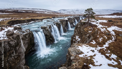 A series of small waterfalls formed by water flowing over volcanic lava, draining into a river near a glacier