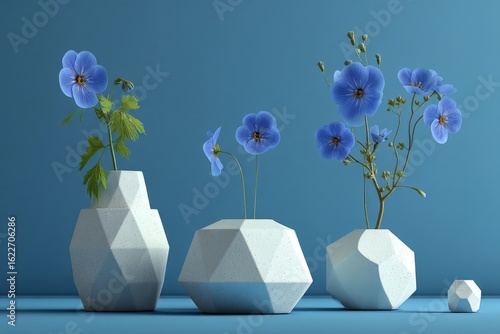 Unique geometric vases display vibrant blue flowers against a solid blue background in a modern arrangement