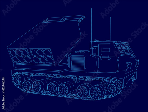A detailed blueprint of a military tank with visible tracks, turret, and launcher contour stands out against a solid blue background. The technical drawing highlights precise mechanical features.