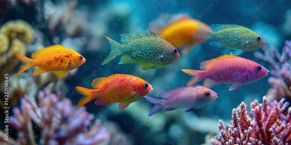 Fototapeta premium Colorful Anthias Fish Swimming Together in a Coral Reef Aquarium Environment