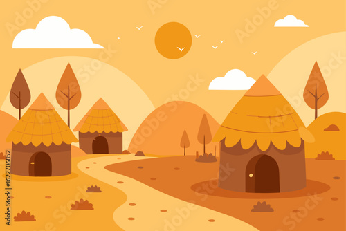 Sunset desert landscape vector with ancient temple and pyramids