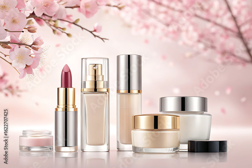 Luxury beauty products displayed with soft pink cherry blossoms