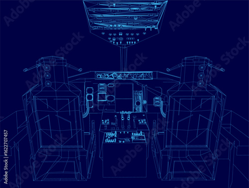 A detailed blueprint of a space shuttle cockpit with a blue background, featuring intricate wireframe designs of control panels and machinery. The technical illustration highlights the complex.