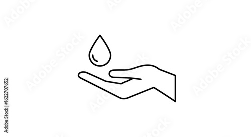 Hand catching water droplet in minimalist black and white line art