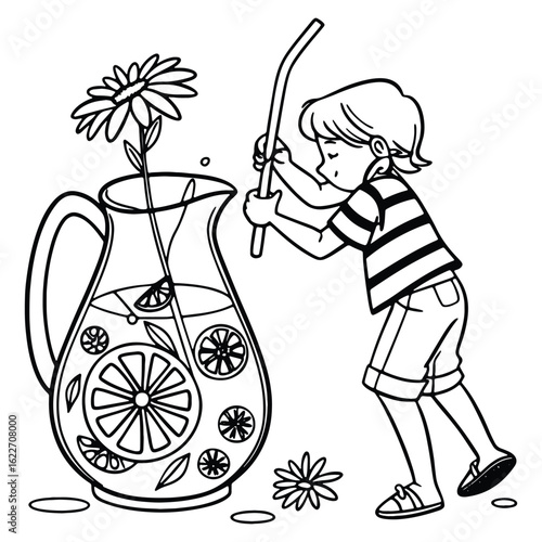 A young child preparing lemonade in a decorative pitcher black and white illustration