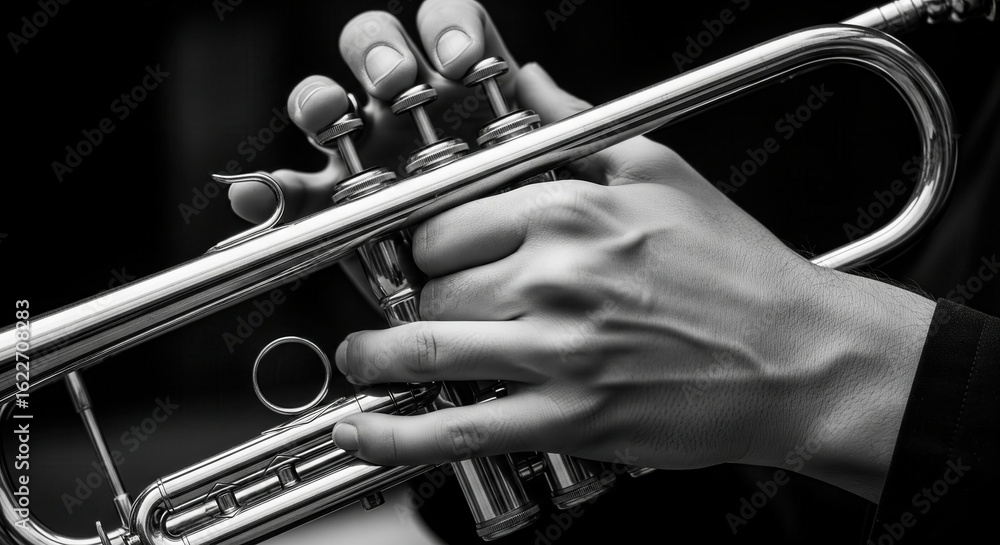 Obraz premium Close-up of Musician's Hands Playing a Silver Trumpet in Black and White