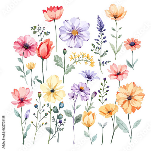 Watercolor, Botanical illustration.Flower arrangements of pink roses, colorful leaves, wild herbs. Set of bouquets, twigs, floral elements, wreath, flowers.