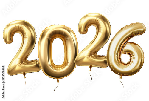 2026 golden foil balloons. Happy New Year concept.