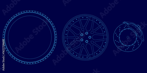 Blueprint of a car wheel with three distinct parts, each featuring unique contours and intricate details. The design stands out against a solid blue background, emphasizing precision and engineering.