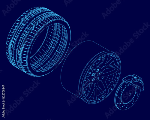 Blueprint of a car wheel with multiple spokes radiating from the center in a circular pattern. The detailed contour stands out against the solid blue background.