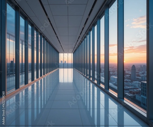Modern building corridor office interior with city view on the sunset