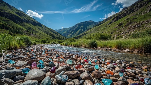 Fototapeta Naklejka Na Ścianę i Meble -  Colorful rocks and gems set against a backdrop of water, sky, and vibrant nature