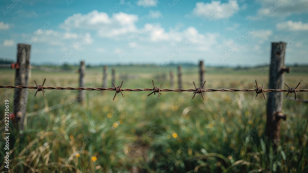 Old rusty wire barrier blocking access to a prohibited region with a peaceful out-of-focus landscape beyond Old rusty wire barrier blocking access to a prohibited region with a peaceful out-of-focus landscape beyond