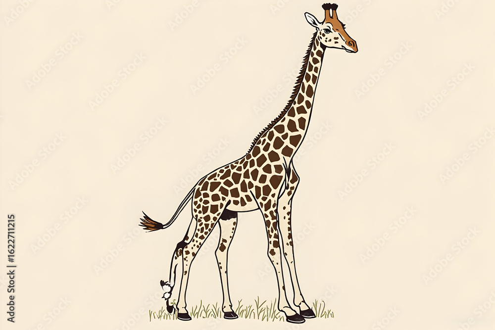 Fototapeta premium Standing Giraffe Illustration on Beige Background for Educational Use