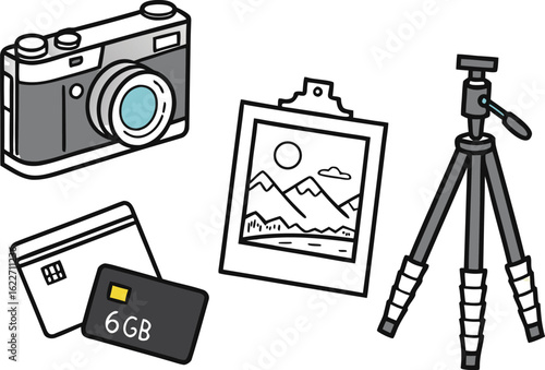 Vector set of photography equipment icons with a vintage film camera, digital camera, and various lenses
