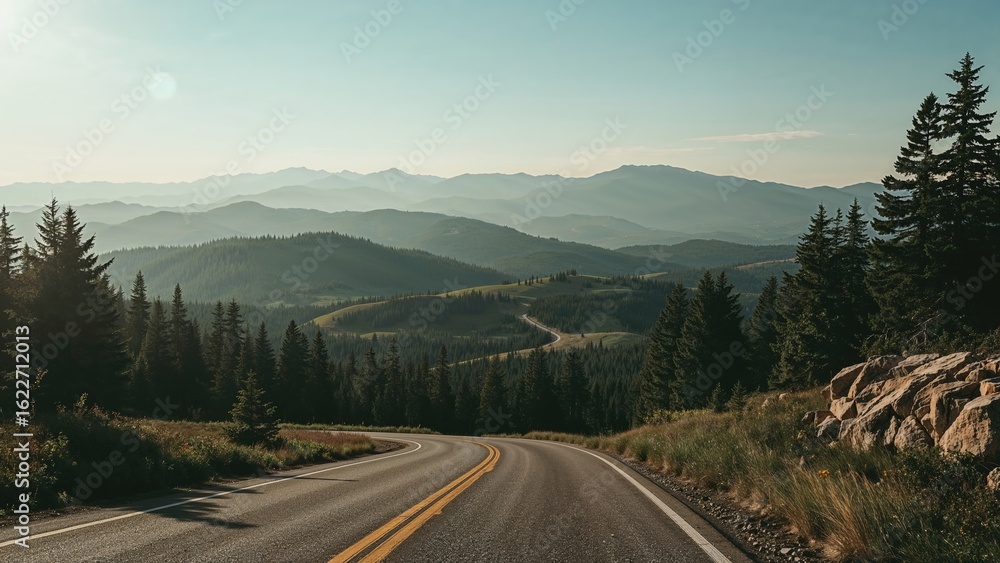Fototapeta premium A beautiful pathway meandering through lush forests and undulating terrain, approaching mist-shrouded mountains in warm sunlight.