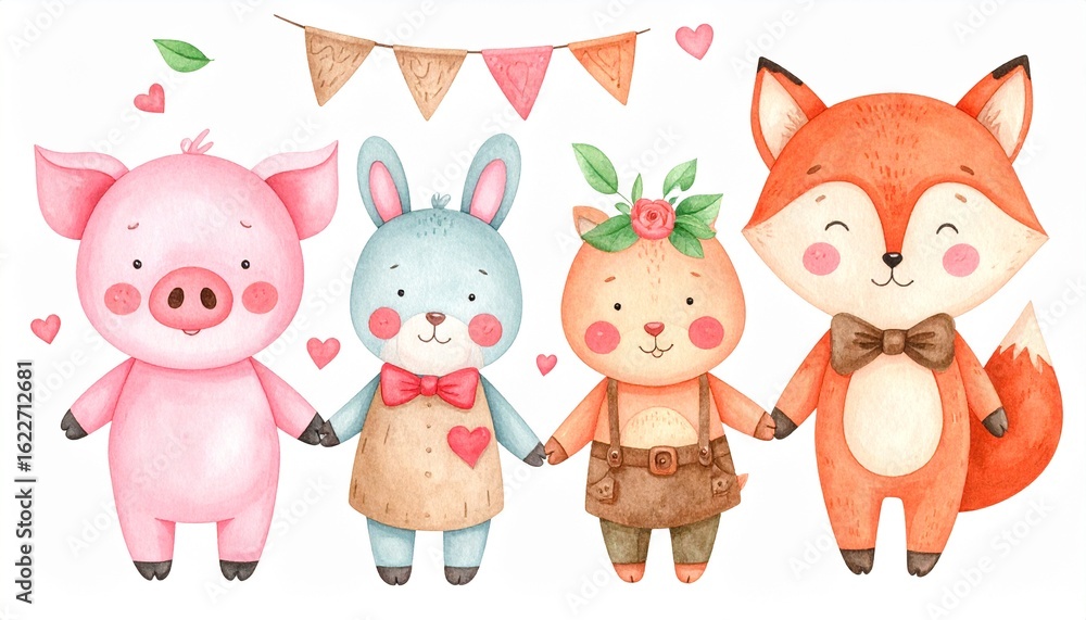 Naklejka premium Valentine Animals Clipart Illustration – Valentine animals clipart – isolated on white background for png style suitable for