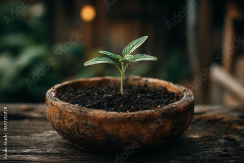 Small green plant grows in a clay pot on a wooden surface surrounded by nature in a tranquil setting during daylight