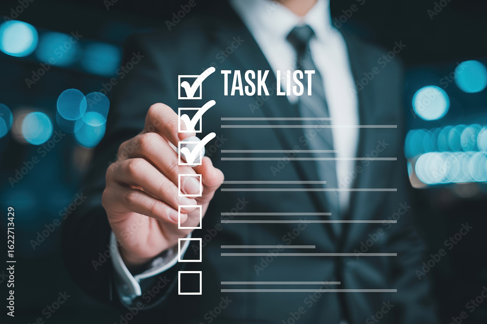Obraz premium Interactive Task List Completion on Digital Display with Checkmarks for Project Management