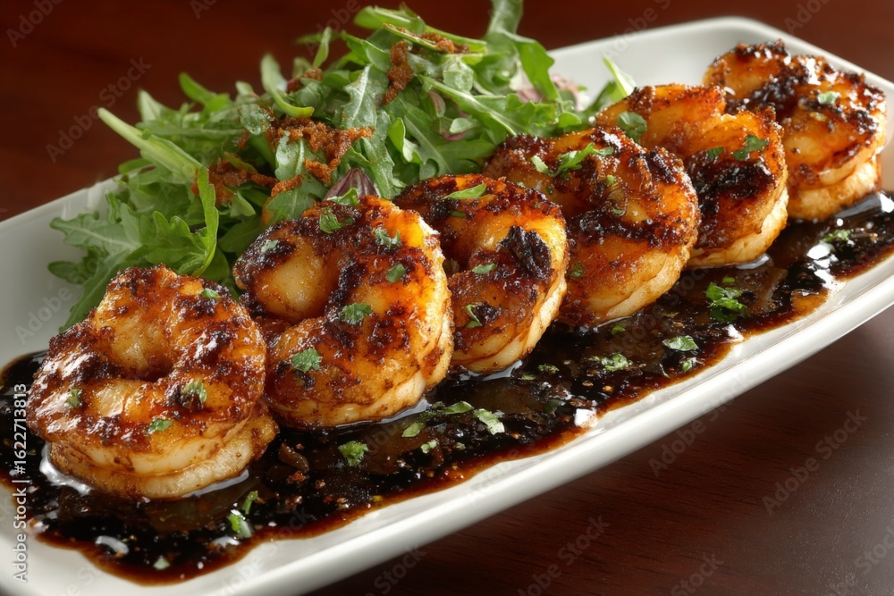 Grilled shrimp served on a white plate garnished with fresh greens and sauce in a cozy restaurant setting Grilled shrimp served on a white plate garnished with fresh greens and sauce in a cozy restaurant setting