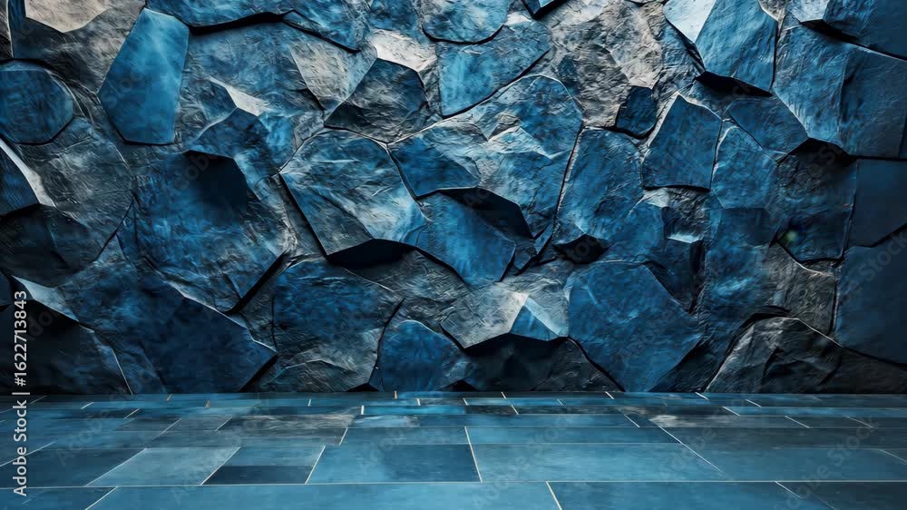 Textured blue stone wall with irregular shapes and shadows, creating a dramatic background effect