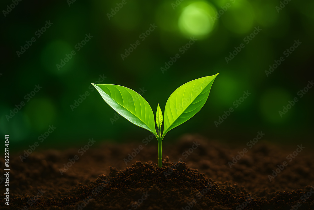 Fototapeta premium Young Green Plant Growing in Rich Soil Representing Growth, Nature and Sustainability