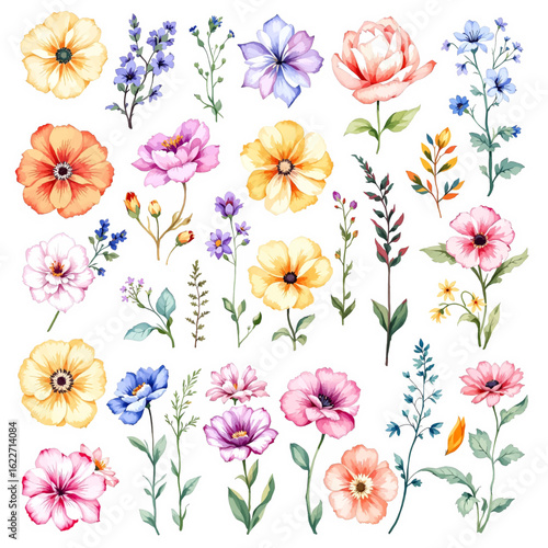 Set of colorful flowers, Seamless pattern with flowers and butterflies, Collection of flowers, Set of watercolor flowers, Clipart watercolor flowers