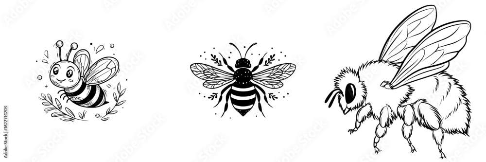 Obraz premium A modern black outline of a fat little bee is depicted in a doodle style, representing a cute cartoon honey insect from a top view, serving as a clipart and design element on the theme of nature,