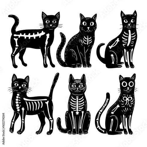 Black cat silhouettes in Halloween costumes with skeleton bones, shown as comical pets in an up-to-date illustration set against a white background, perfect for tattoo art