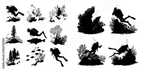 A set of silhouettes featuring a scuba diver submerged underwater, accompanied by a collection of caves containing corals and fish, representing water sports, as depicted in a modern illustration of