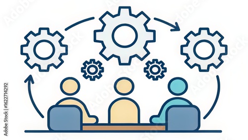 Flat team discussion icon featuring gear, suited for strategy meetings or process alignment sessions.