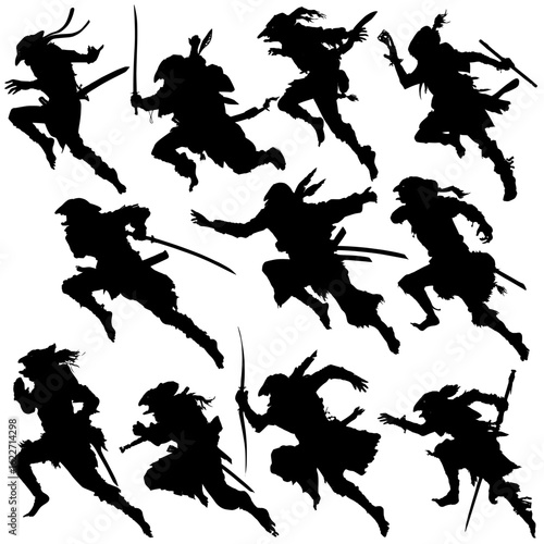 The 2d artwork presents black silhouettes of goblins in multiple running and jumping poses, observed from various angles, and outfitted with an assortment of armor and clothing