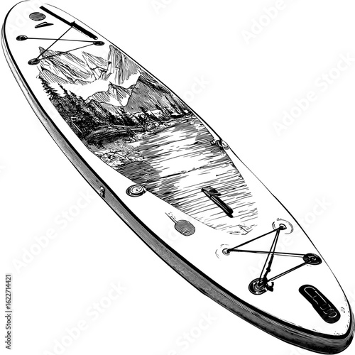 A modern illustration features a black and white river landscape sketch with a SUP board travel graphic