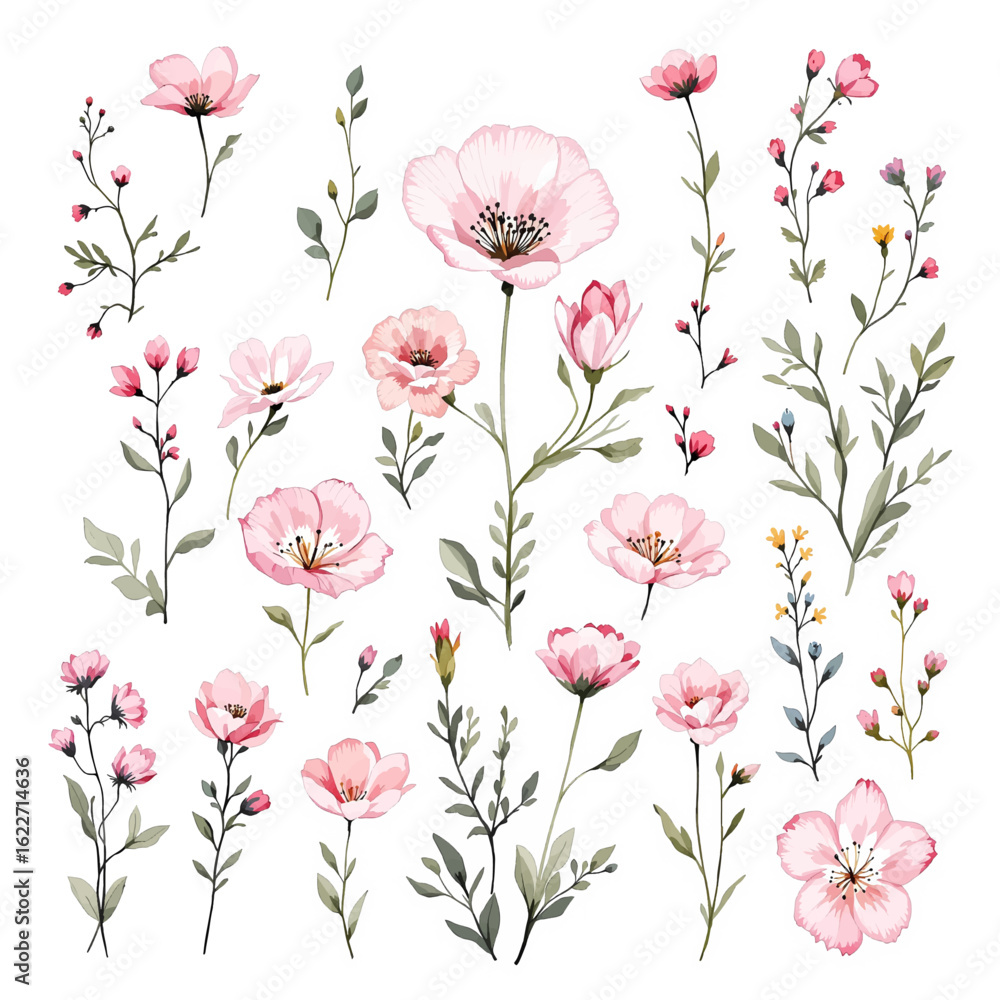 Fototapeta premium Bouquet of flowers, Set of floral elements, Set vector illustration of a flower 