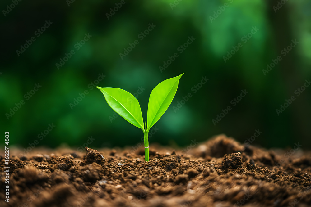 Fototapeta premium Young Green Sprout Emerging from Rich Soil Symbolizing Growth, Renewal and Sustainability