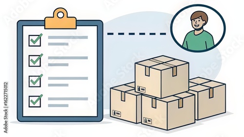 Checklist document beside user and boxes, symbolizing business task approvals and procedural management.