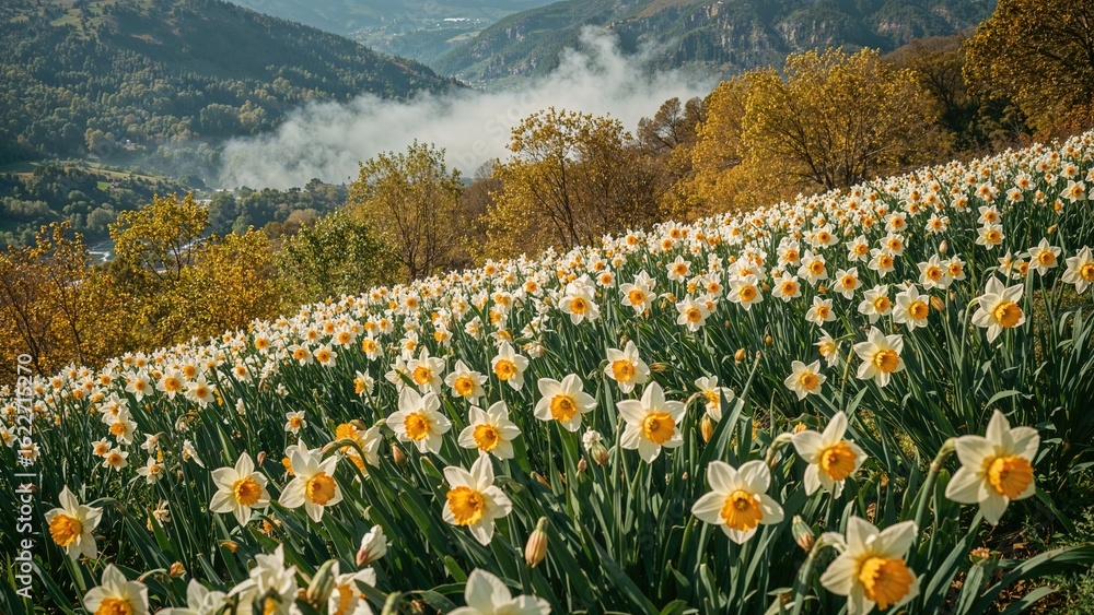 Fototapeta premium Breathtaking summer scene filled with aromatic daffodils in a lively meadow