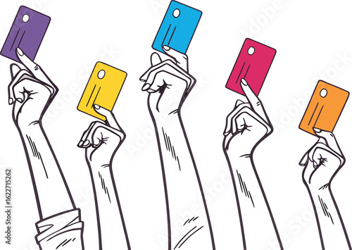 Businessmen and businesswomen are holding business cards and paper for a modern vector illustration concept