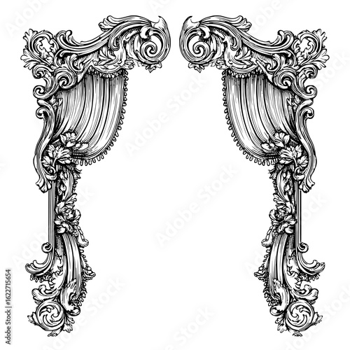 Curtains on a theater stage are used as a template for theatrical performances and movie house or presentation events