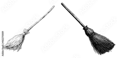 A black outlined sketch of a witch's broom on a white background, ideal for modern design and decorative graphics with a vintage touch