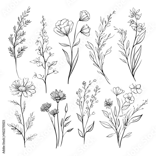 This modern illustration showcases a hand-drawn wildflower meadow, with flowers and herbs featuring leaves isolated on a white background, great for designing invitations, wedding cards, greeting