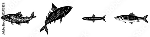A cartoon sardine fish appears as a black silhouette set against a white background