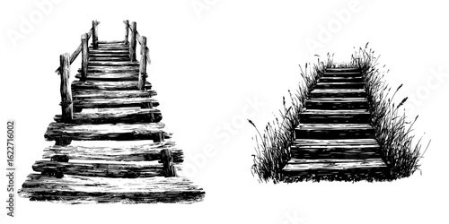 Black and white illustration of a modern garden landscape featuring a graphic sketch of park stairs