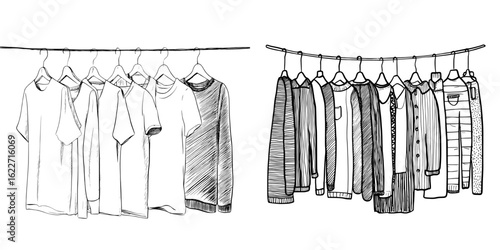 Modern isolated sketch illustration of clothes on a hanger in black and white graphic